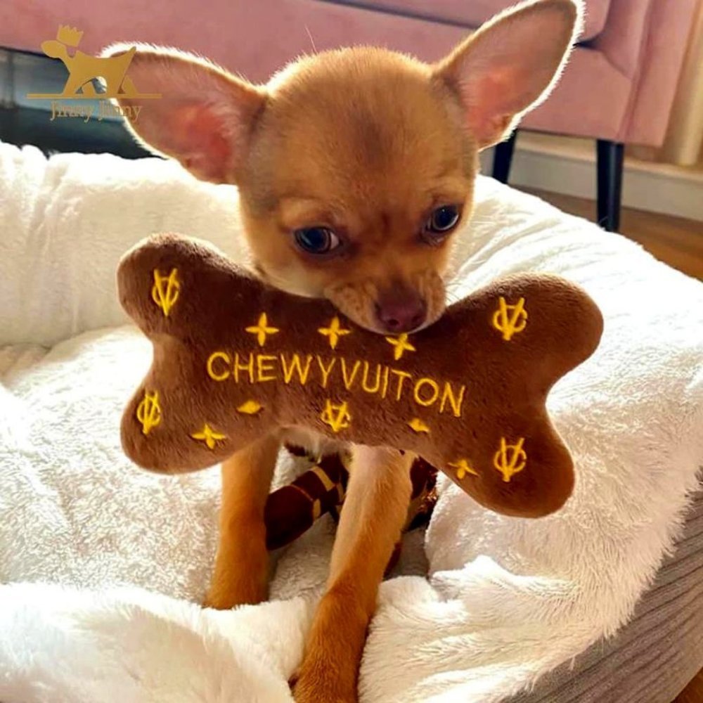 Dog Toy Squeaky Chewy "Chewy Vuiton" Designer Theme Bone Plush w/ Embroi… - Picture 1 of 3